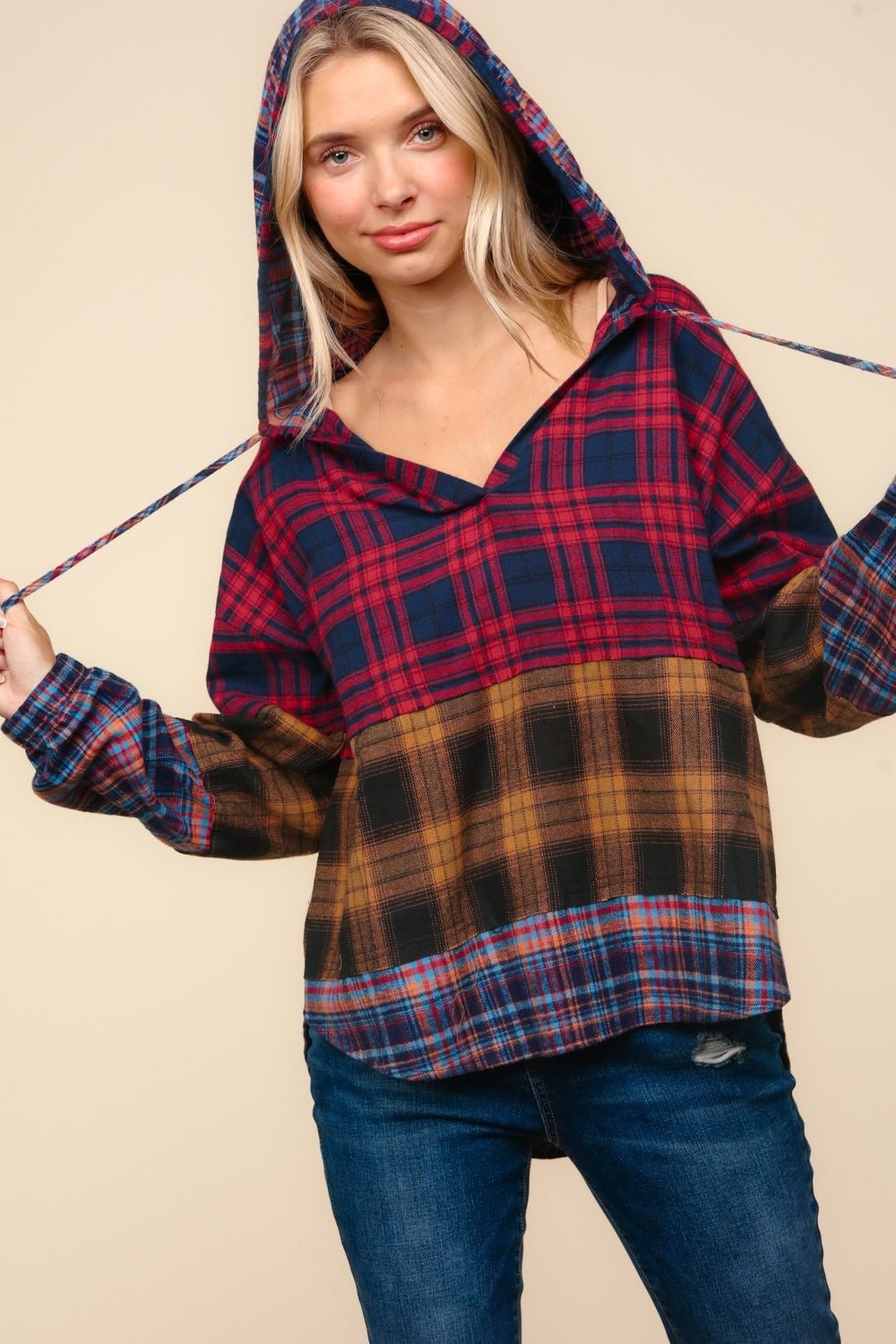 Haptics - Plaid Color Block Hooded Top in Red Mustard