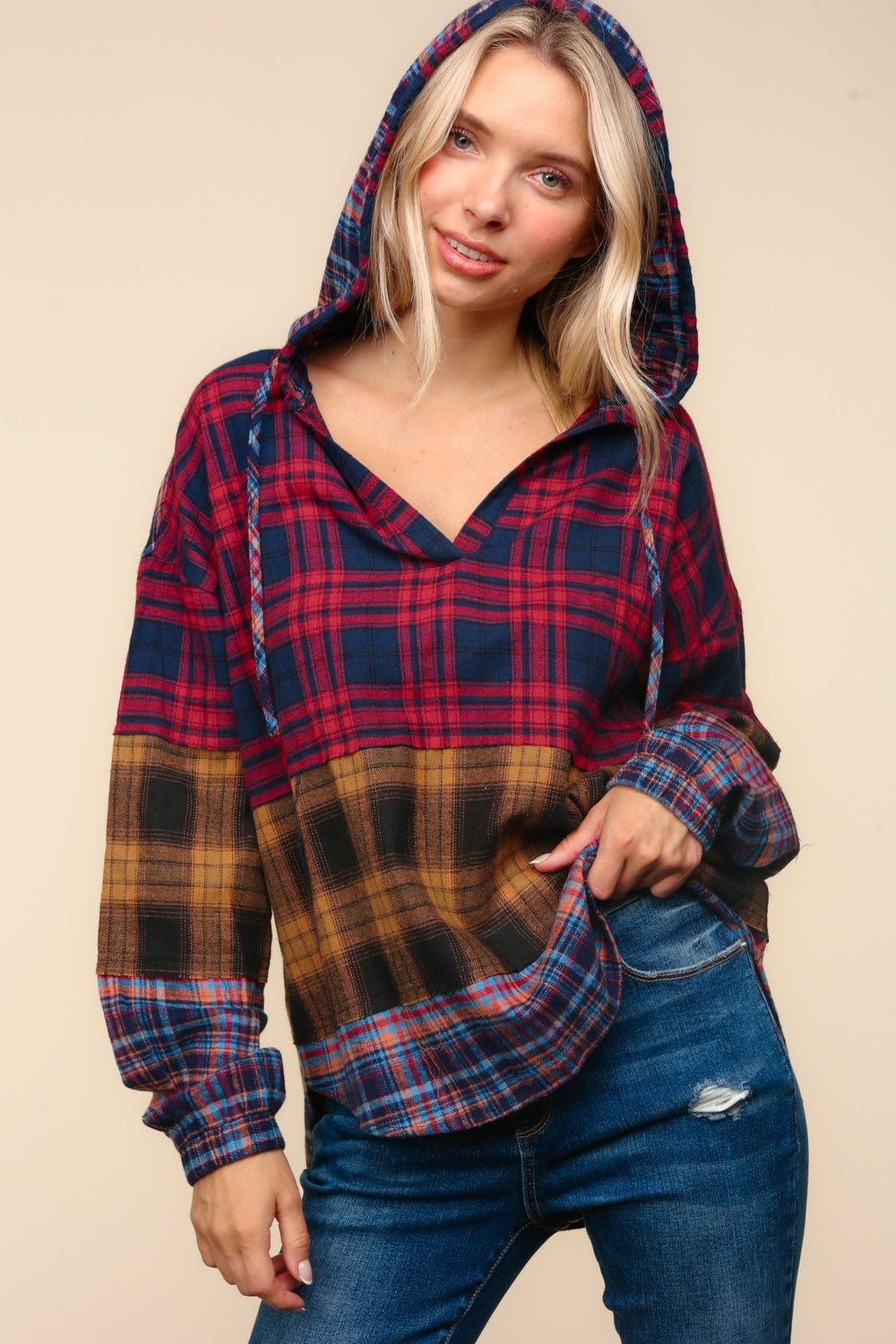 Haptics - Plaid Color Block Hooded Top in Red Mustard