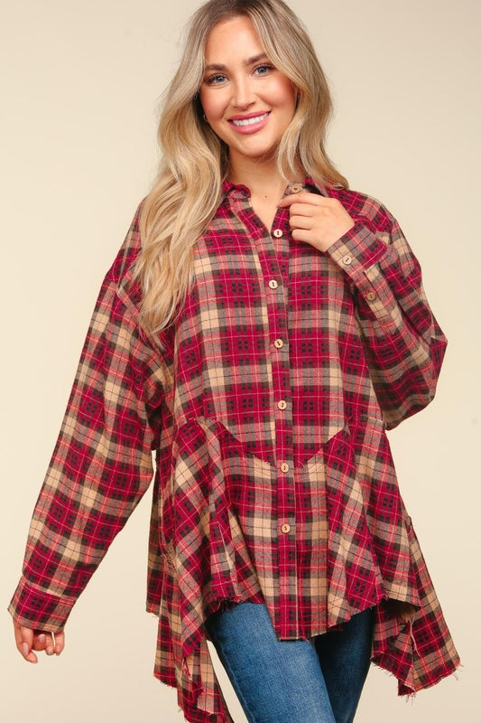 Haptics - Plaid Shark Bite Hem Shirt in Burgundy Taupe