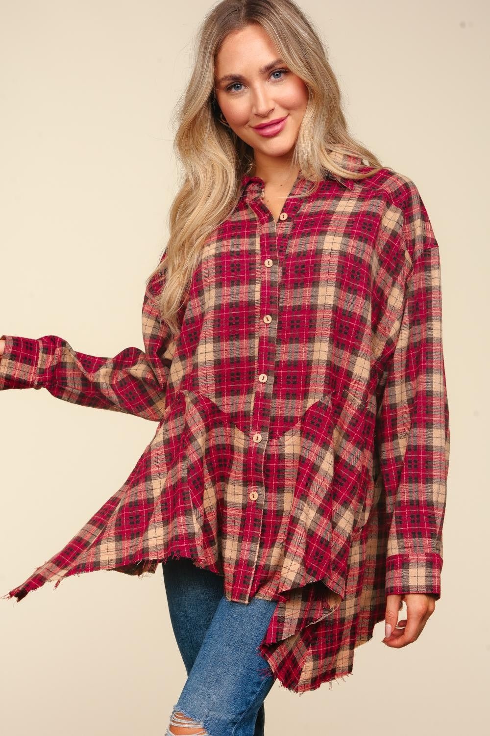 Haptics - Plaid Shark Bite Hem Shirt in Burgundy Taupe