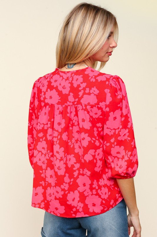 Haptics - Red & Pink Floral Tie Front Half Sleeve Blouse