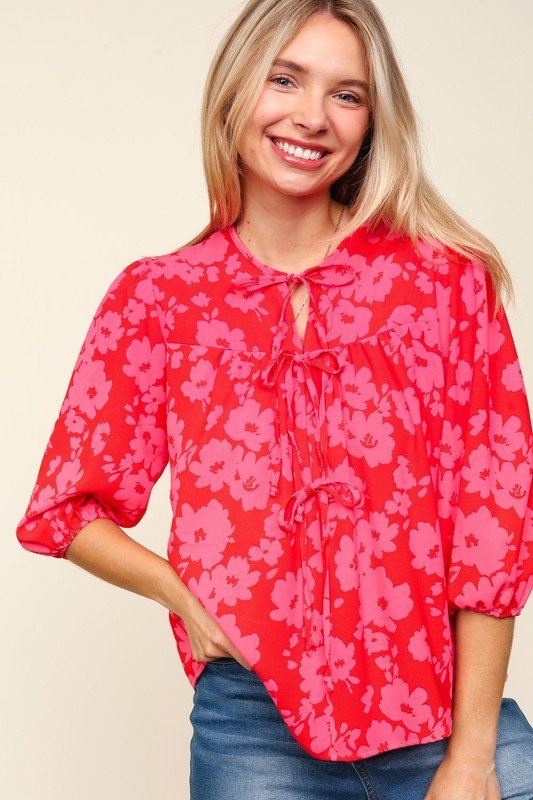 Haptics - Red & Pink Floral Tie Front Half Sleeve Blouse