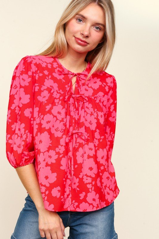 Haptics - Red & Pink Floral Tie Front Half Sleeve Blouse