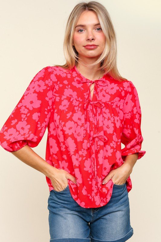 Haptics - Red & Pink Floral Tie Front Half Sleeve Blouse