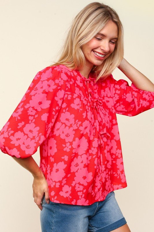 Haptics - Red & Pink Floral Tie Front Half Sleeve Blouse