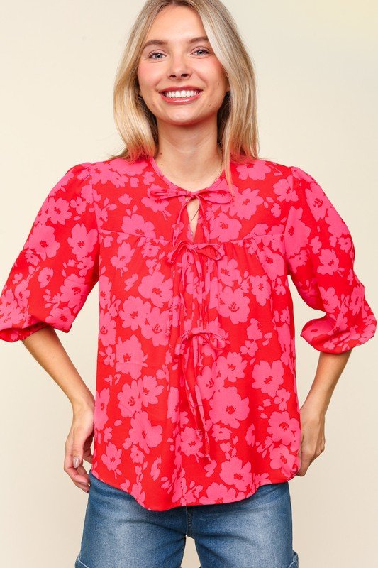 Haptics - Red & Pink Floral Tie Front Half Sleeve Blouse