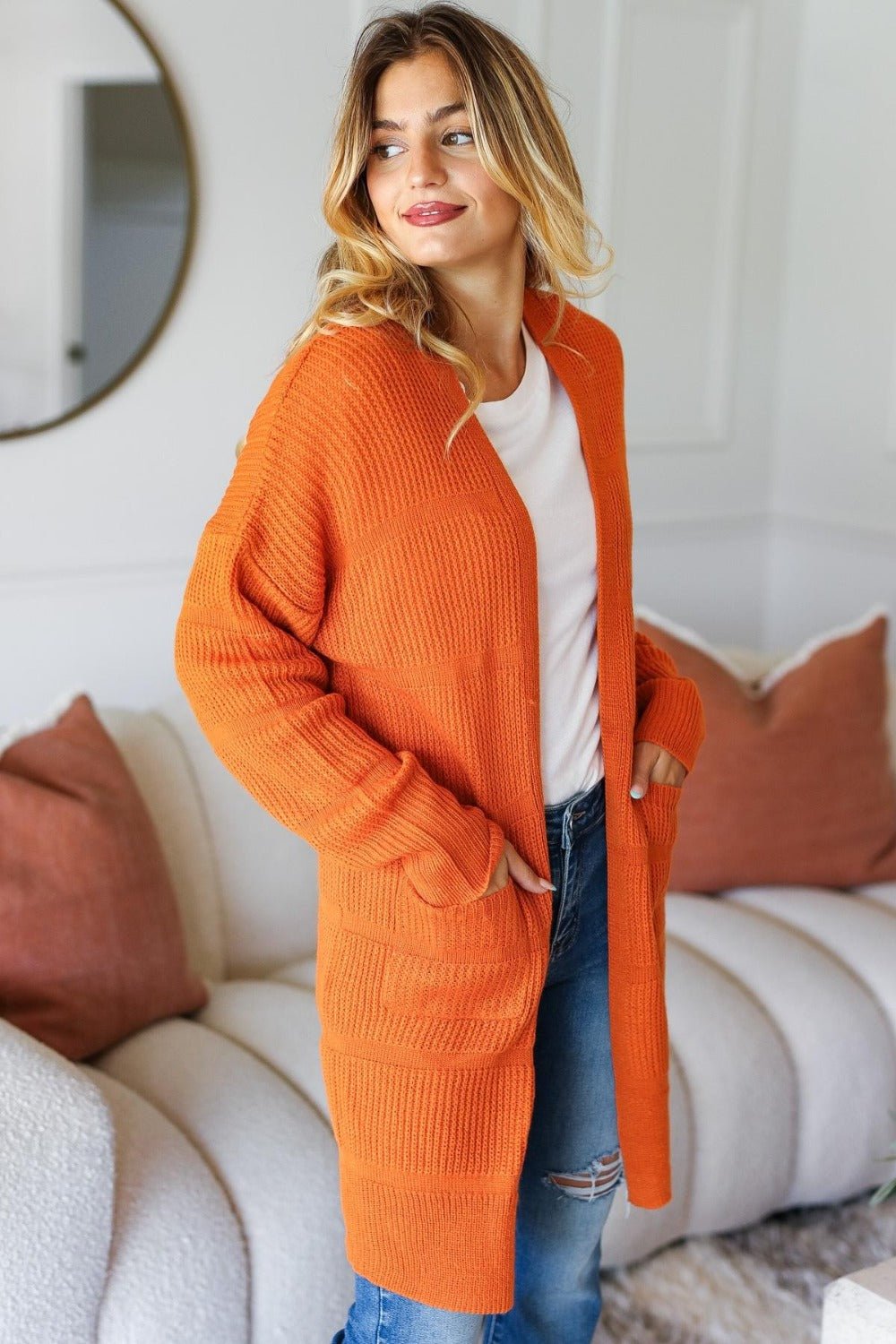 Haptics - Rib Knit Open Front Cardigan with Pockets in Rust