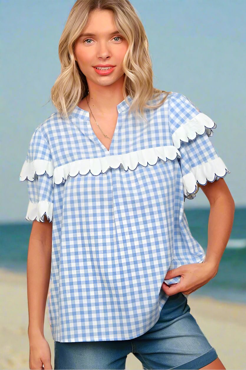 Haptics - Sky Blue Plaid Short Sleeve Blouse