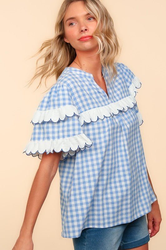 Haptics - Sky Blue Plaid Short Sleeve Blouse