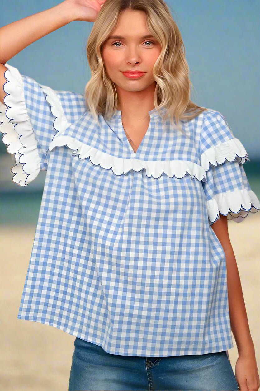 Haptics - Sky Blue Plaid Short Sleeve Blouse