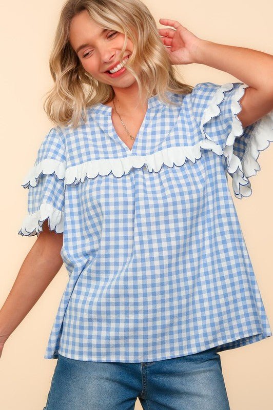 Haptics - Sky Blue Plaid Short Sleeve Blouse