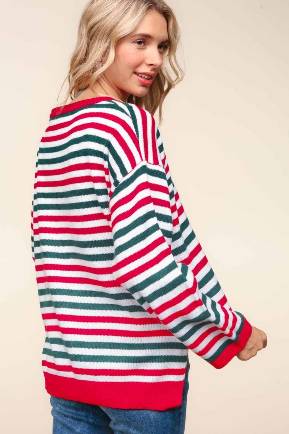 Haptics - Striped Contrast Knit Tunic Top in Red Hunter Green