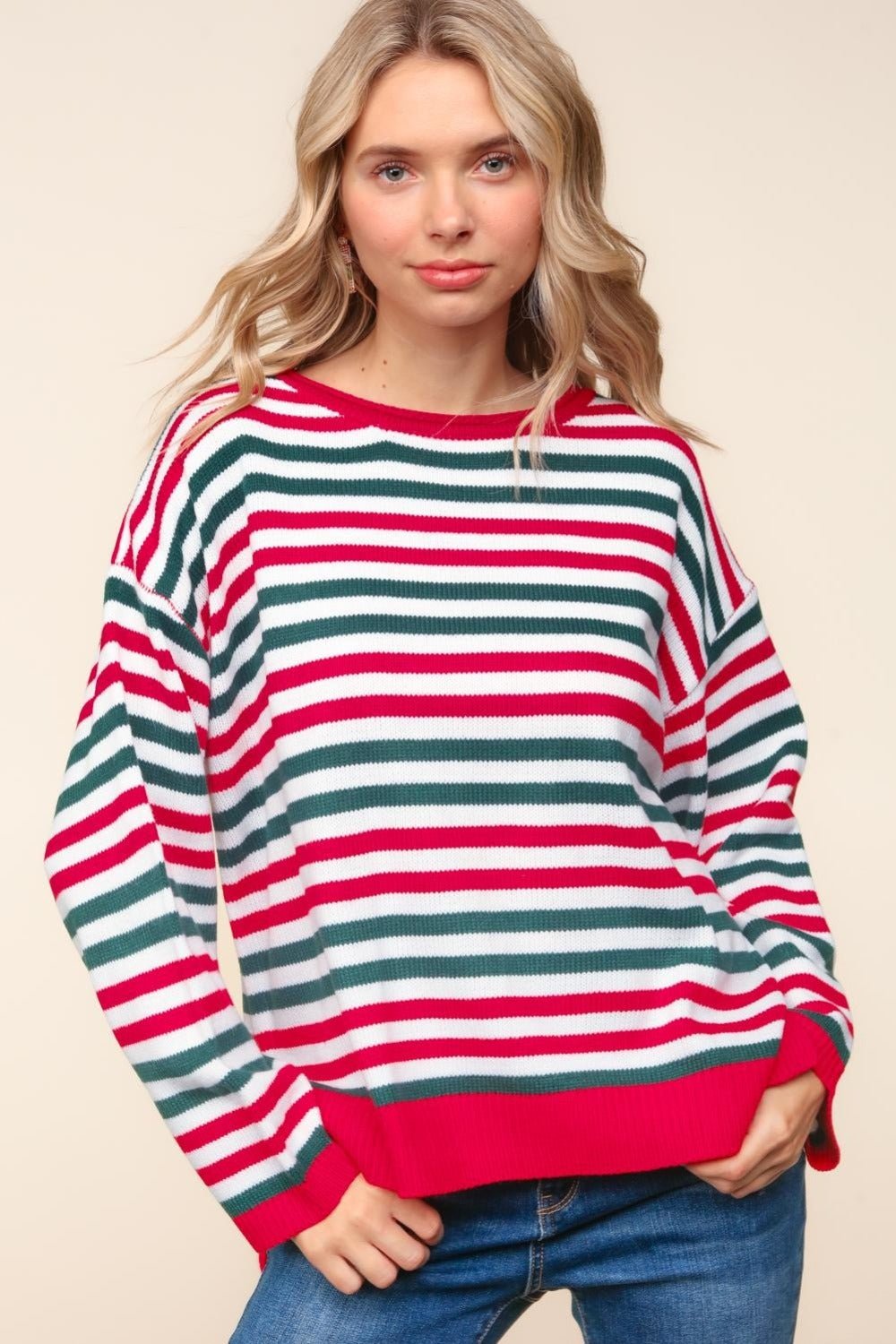 Haptics - Striped Contrast Knit Tunic Top in Red Hunter Green