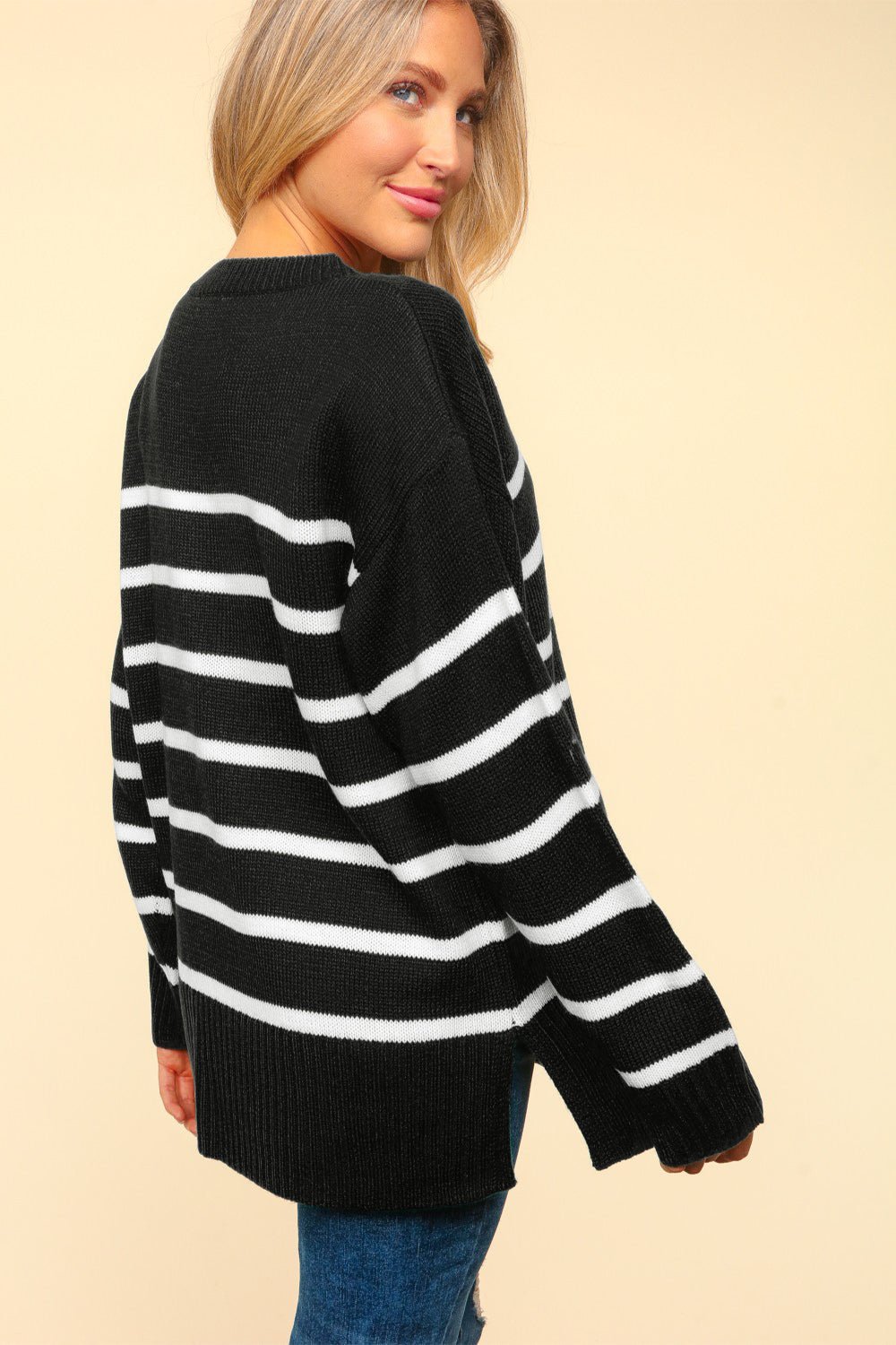 Haptics - Striped Contrast Tunic Sweater in Black