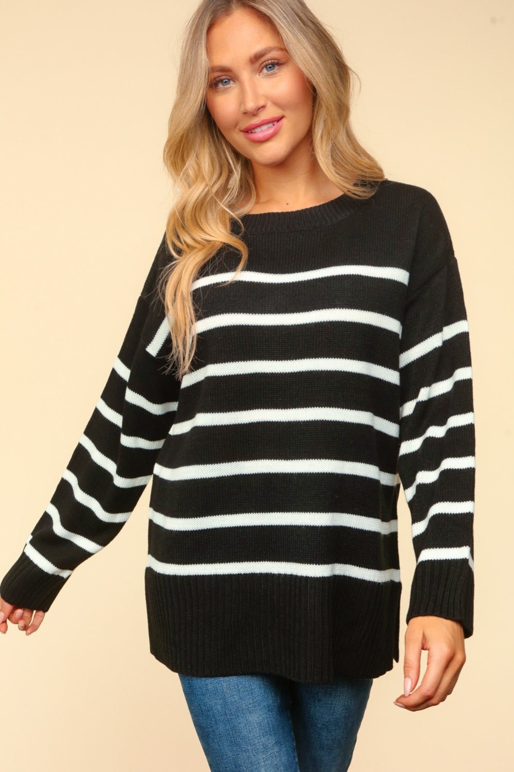 Haptics - Striped Contrast Tunic Sweater in Black