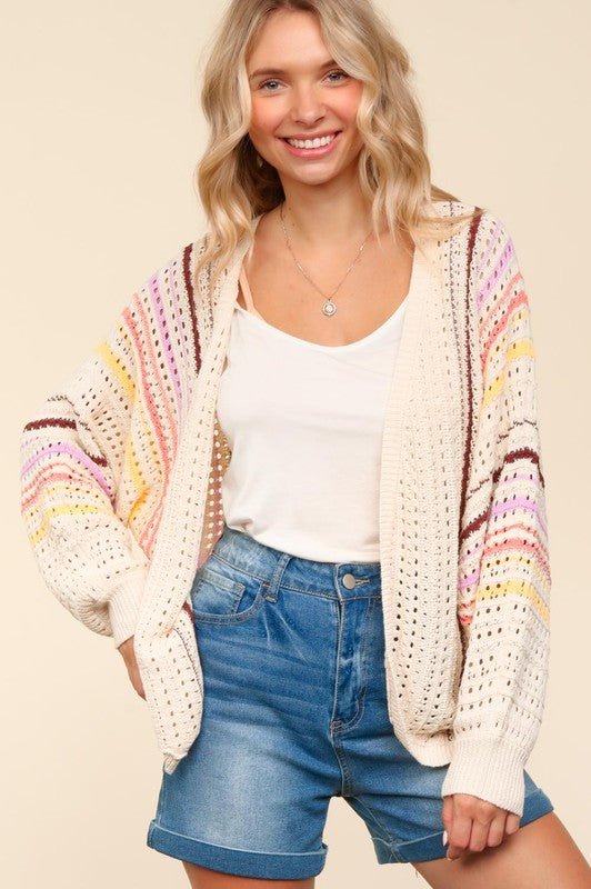 Haptics - Striped Crocheted Cardigan in Oatmeal