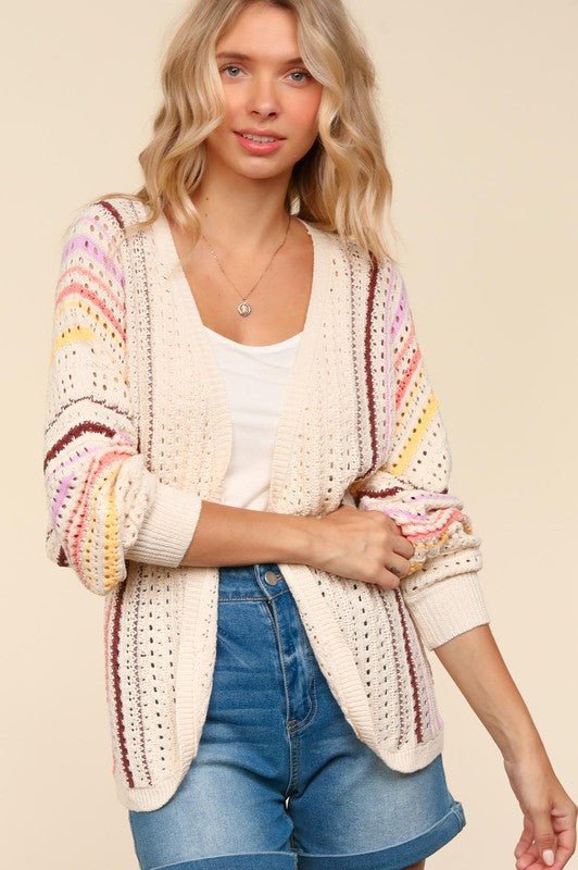 Haptics - Striped Crocheted Cardigan in Oatmeal