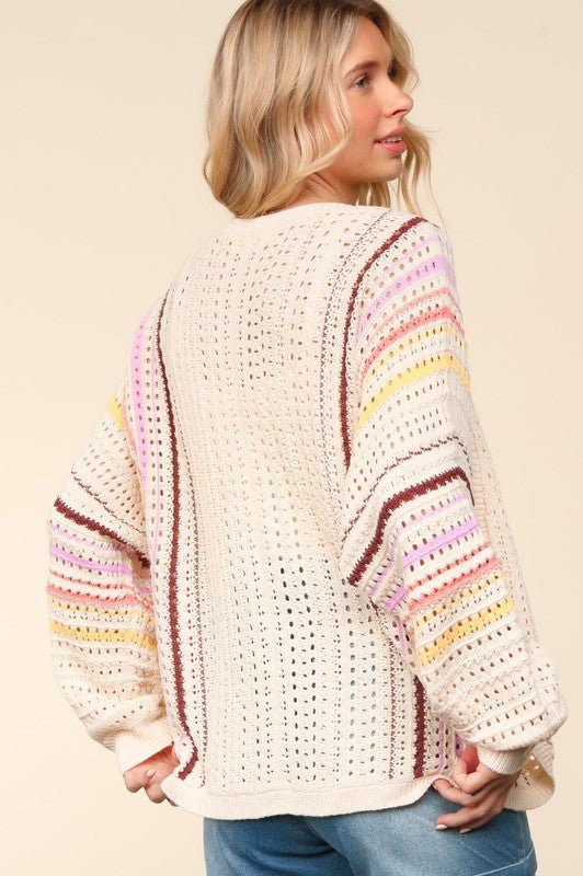 Haptics - Striped Crocheted Cardigan in Oatmeal