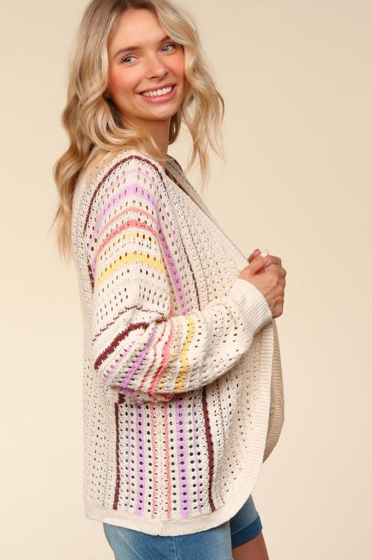 Haptics - Striped Crocheted Cardigan in Oatmeal