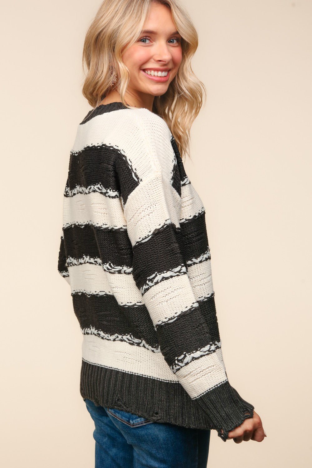 Haptics - Striped Distressed Sweater in Charcoal Ivory