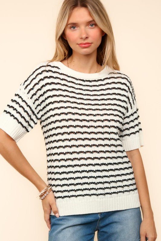 Haptics - Striped Openwork Half Sleeve Knit Top in Ivory & Black