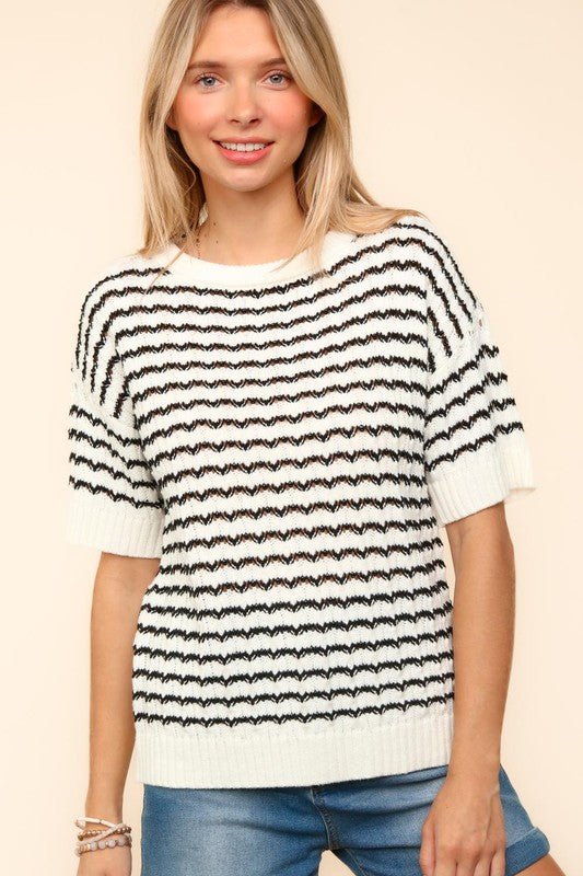 Haptics - Striped Openwork Half Sleeve Knit Top in Ivory & Black