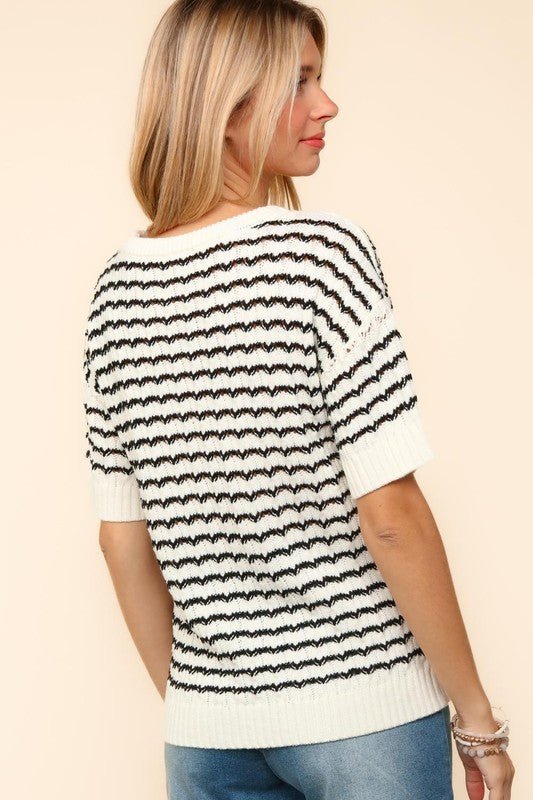 Haptics - Striped Openwork Half Sleeve Knit Top in Ivory & Black