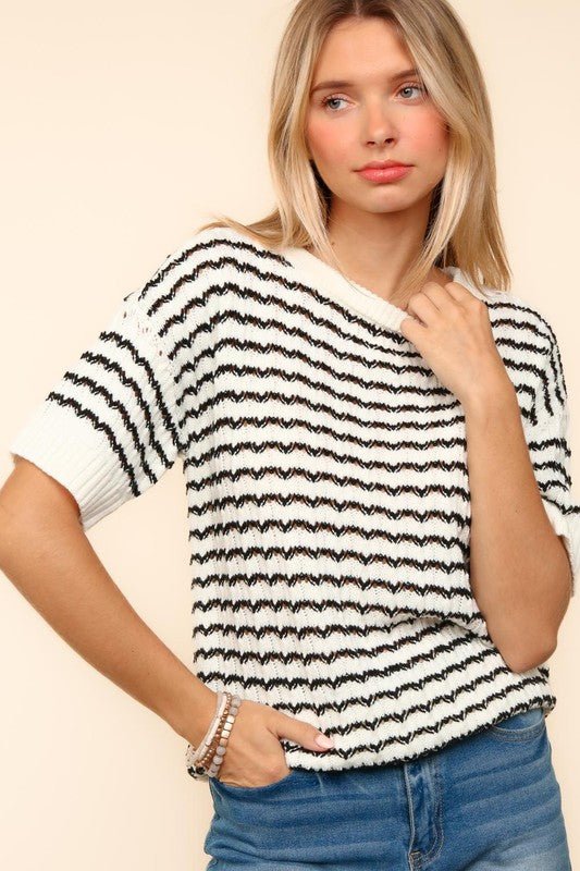 Haptics - Striped Openwork Half Sleeve Knit Top in Ivory & Black