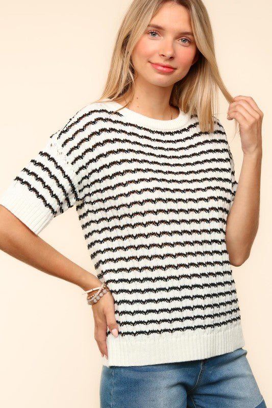 Haptics - Striped Openwork Half Sleeve Knit Top in Ivory & Black