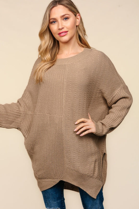 Haptics - Textured Asymmetric Hem Tunic Sweater in Taupe