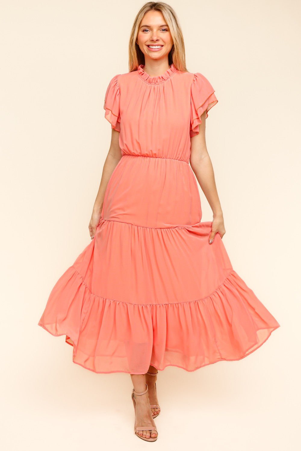 Haptics - Tiered Frilly Short Sleeve Maxi Dress in Peach