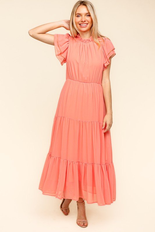Haptics - Tiered Frilly Short Sleeve Maxi Dress in Peach