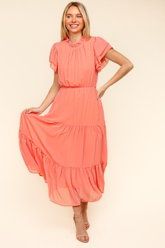 Haptics - Tiered Frilly Short Sleeve Maxi Dress in Peach