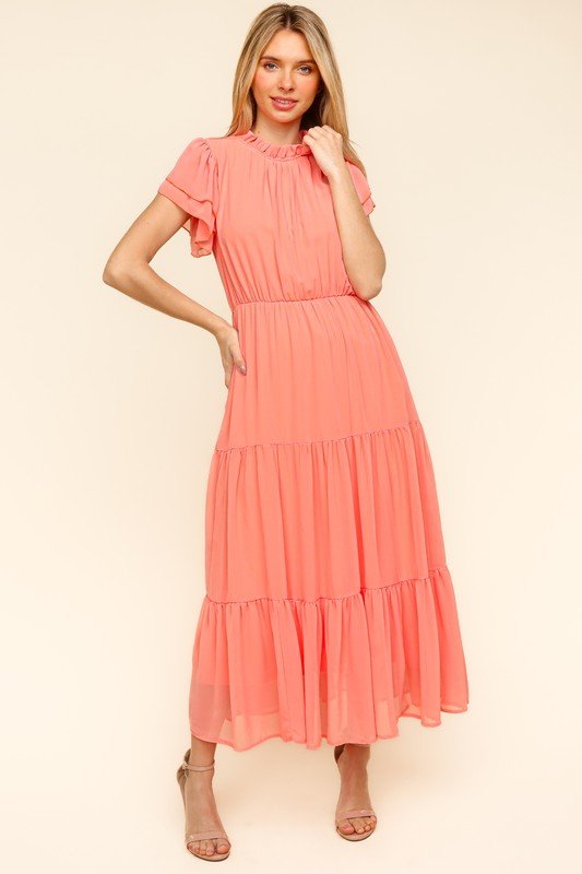 Haptics - Tiered Frilly Short Sleeve Maxi Dress in Peach