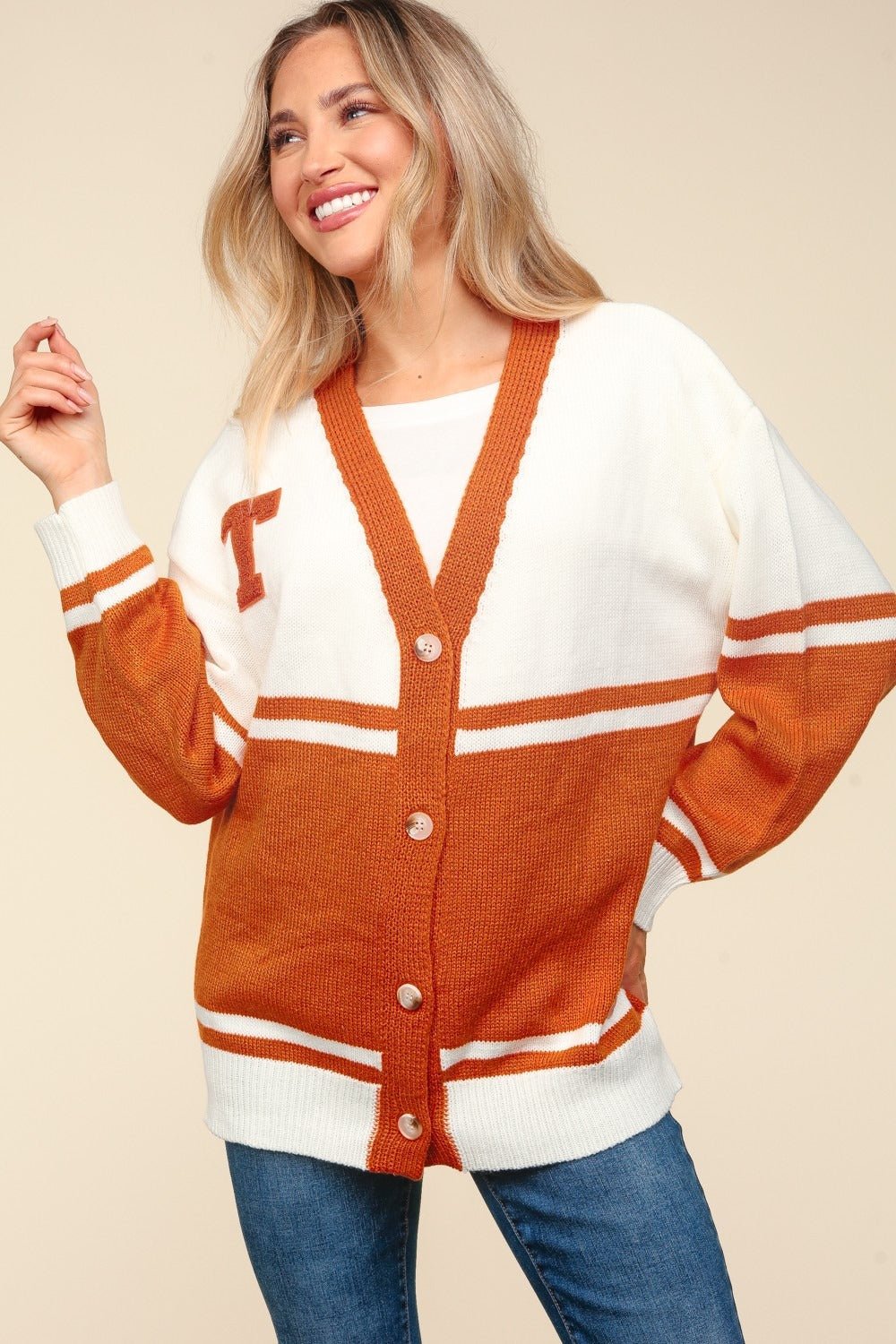 Haptics - V - Neck Button Down T - Patch Cardigan in Burnt Orange