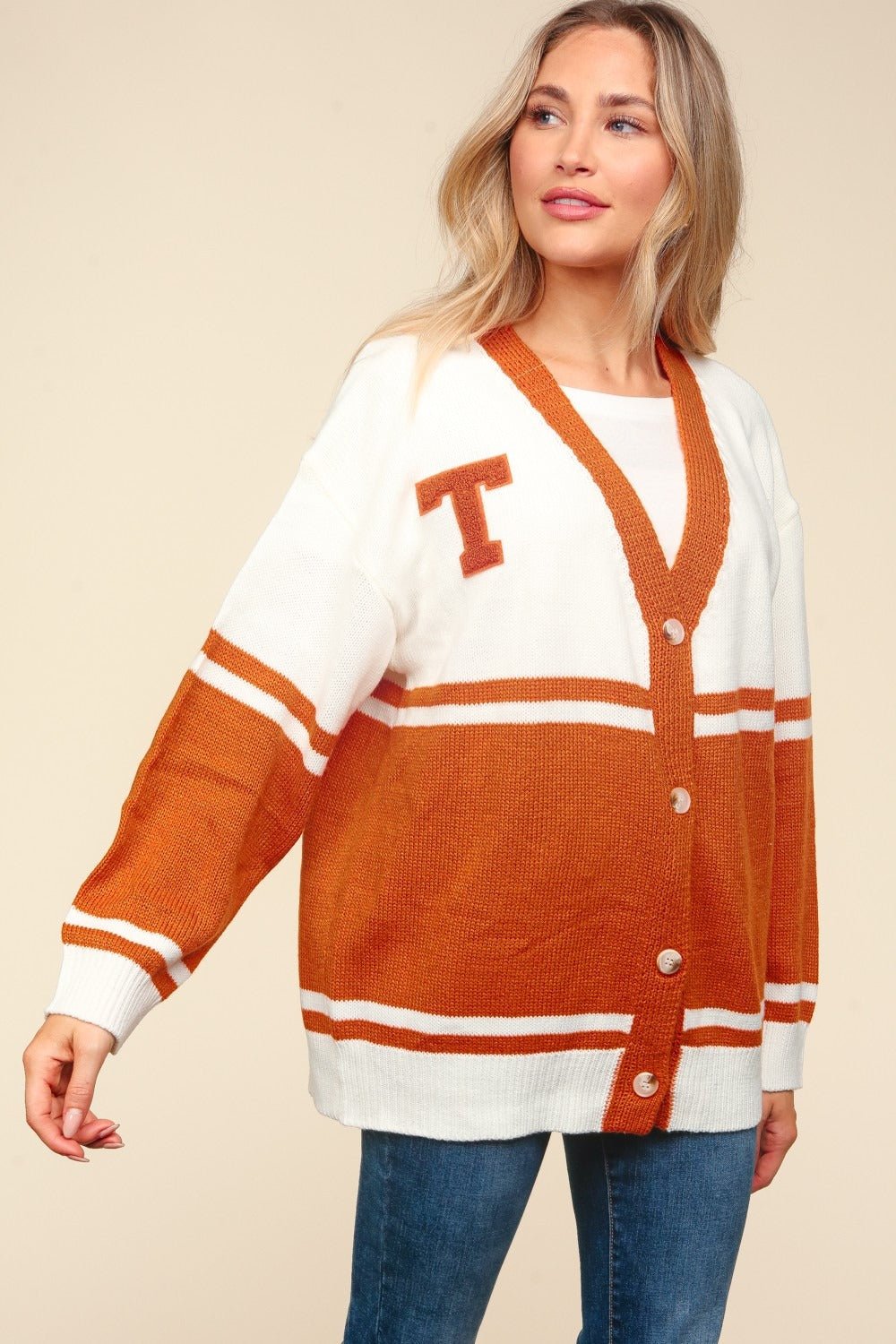 Haptics - V - Neck Button Down T - Patch Cardigan in Burnt Orange