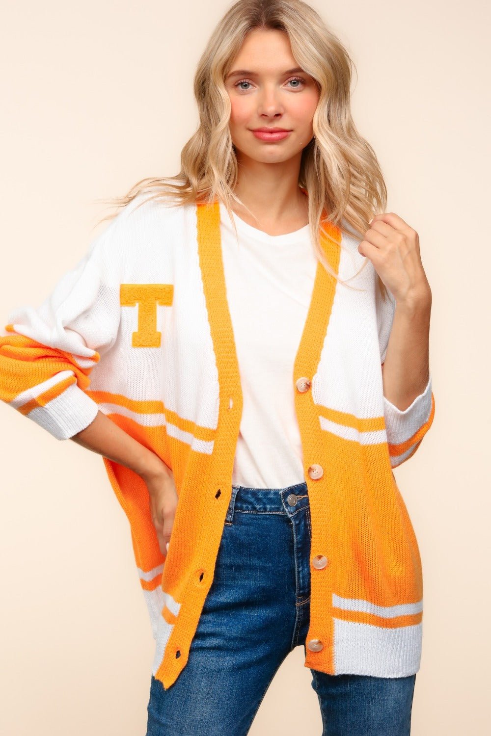 Haptics - V - Neck Button Down T - Patch Cardigan in Orange