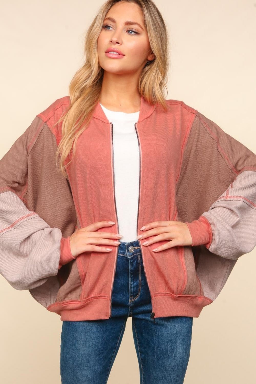 Haptics - Zip Up Color Block Bomber Jacket in Sienna Camel