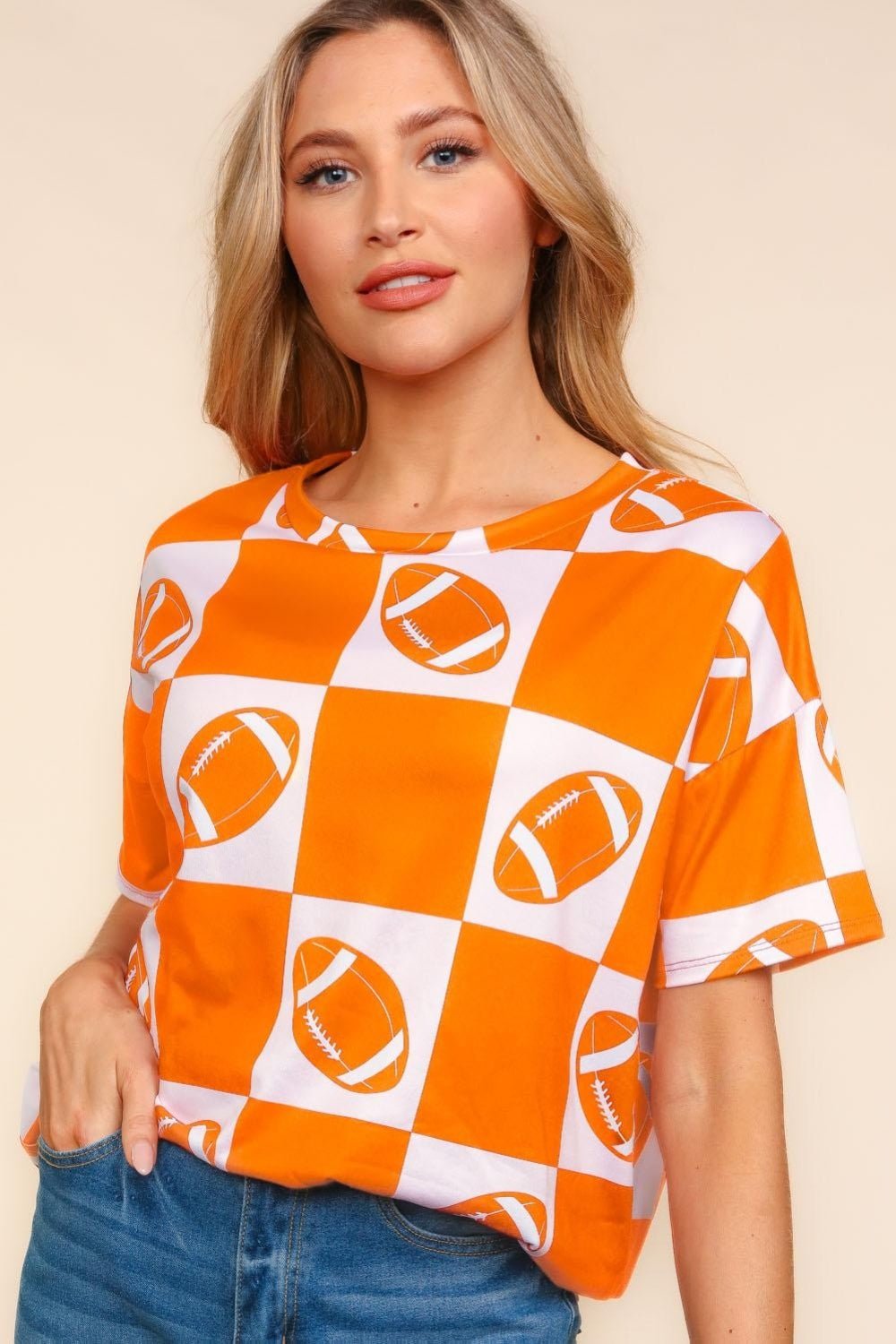 HapticsFootball Checkered Print Short Sleeve T - Shirt in Orange