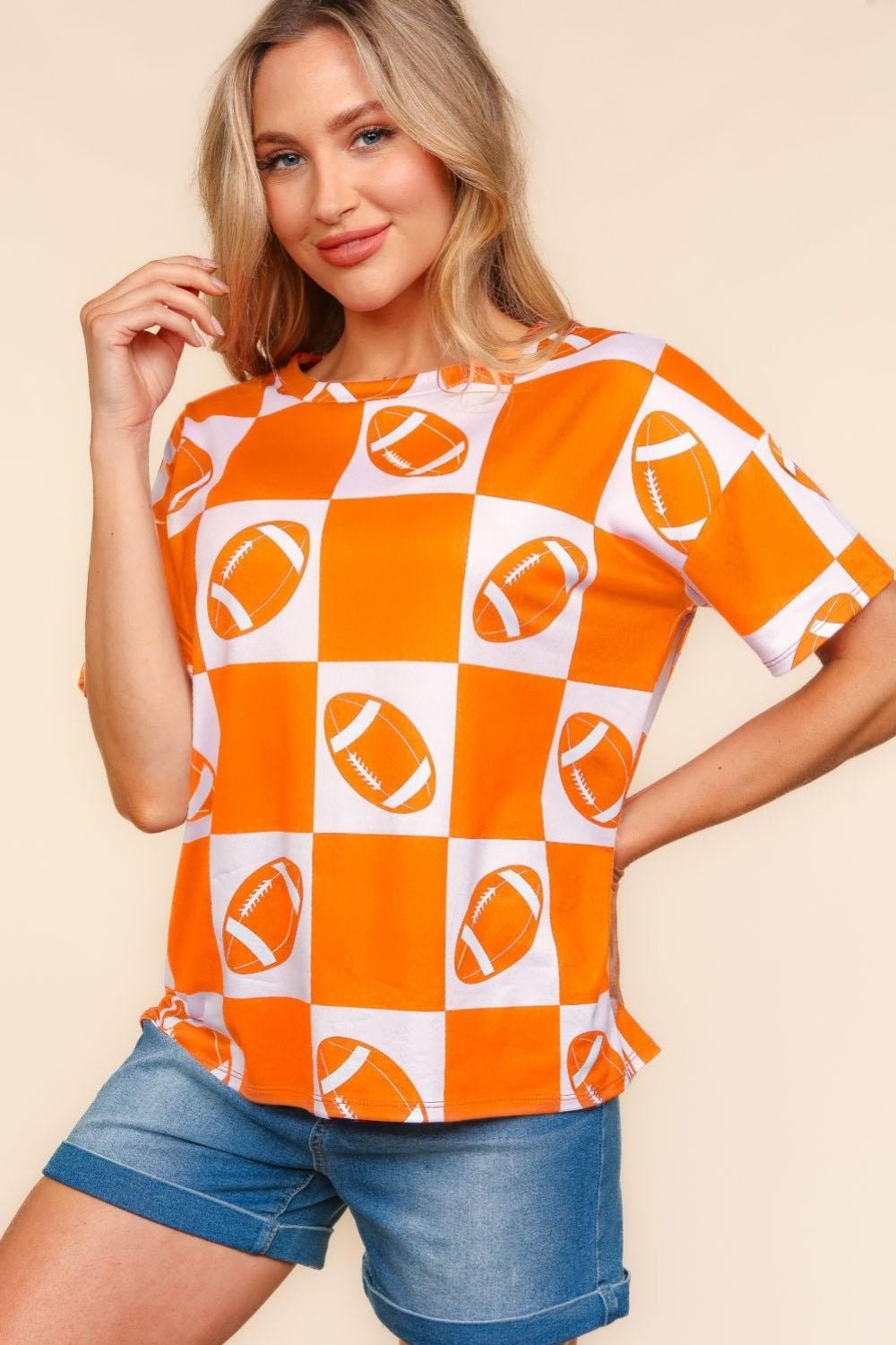 HapticsFootball Checkered Print Short Sleeve T - Shirt in Orange