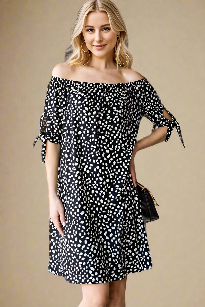 Heimish - Animal Print Off - Shoulder Mini Dress in Black & Ivory