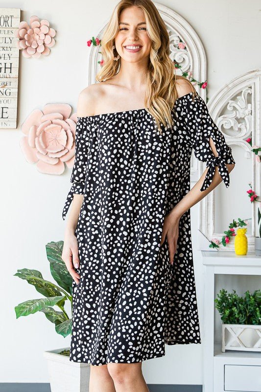 Heimish - Animal Print Off - Shoulder Mini Dress in Black & Ivory