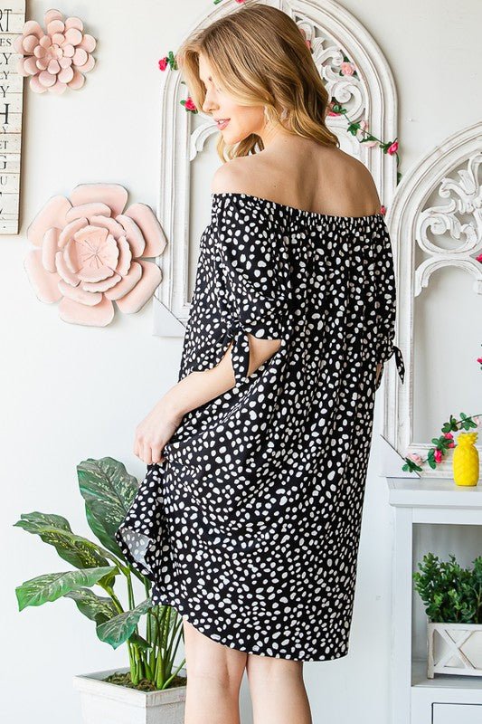 Heimish - Animal Print Off - Shoulder Mini Dress in Black & Ivory