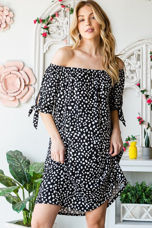 Heimish - Animal Print Off - Shoulder Mini Dress in Black & Ivory