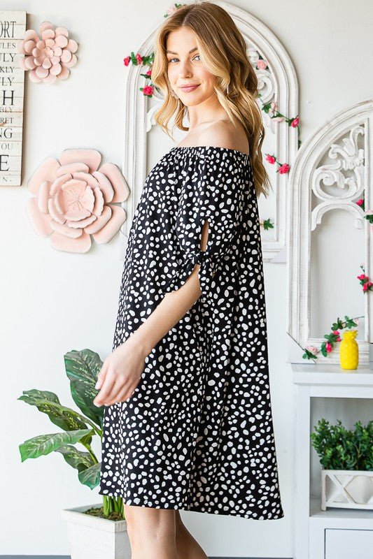 Heimish - Animal Print Off - Shoulder Mini Dress in Black & Ivory