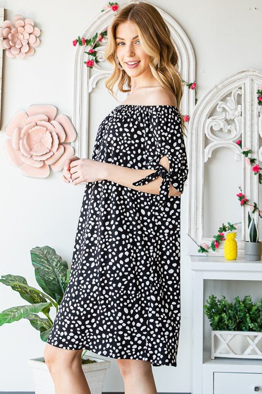 Heimish - Animal Print Off - Shoulder Mini Dress in Black & Ivory
