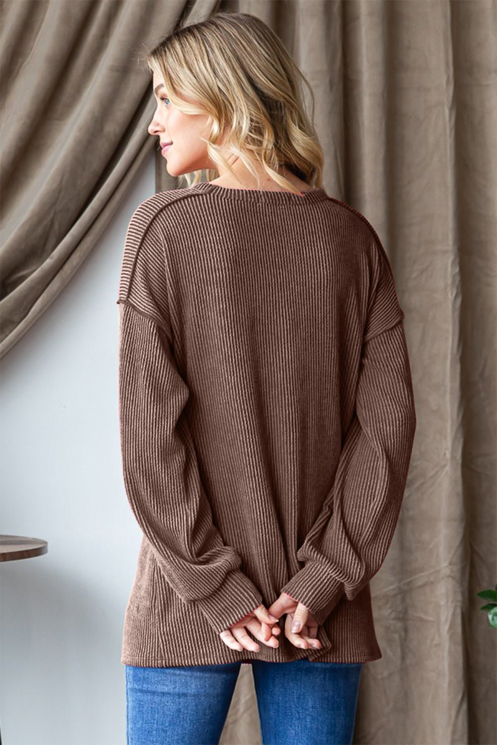 Heimish - BE MERRY Rib Knit Exposed Seams Long Sleeve T-Shirt in Camel