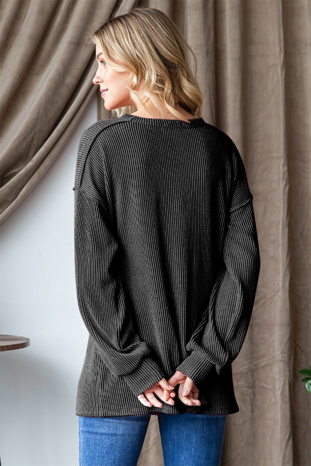 Heimish - BE MERRY Rib Knit Exposed Seams Long Sleeve T-Shirt in Charcoal