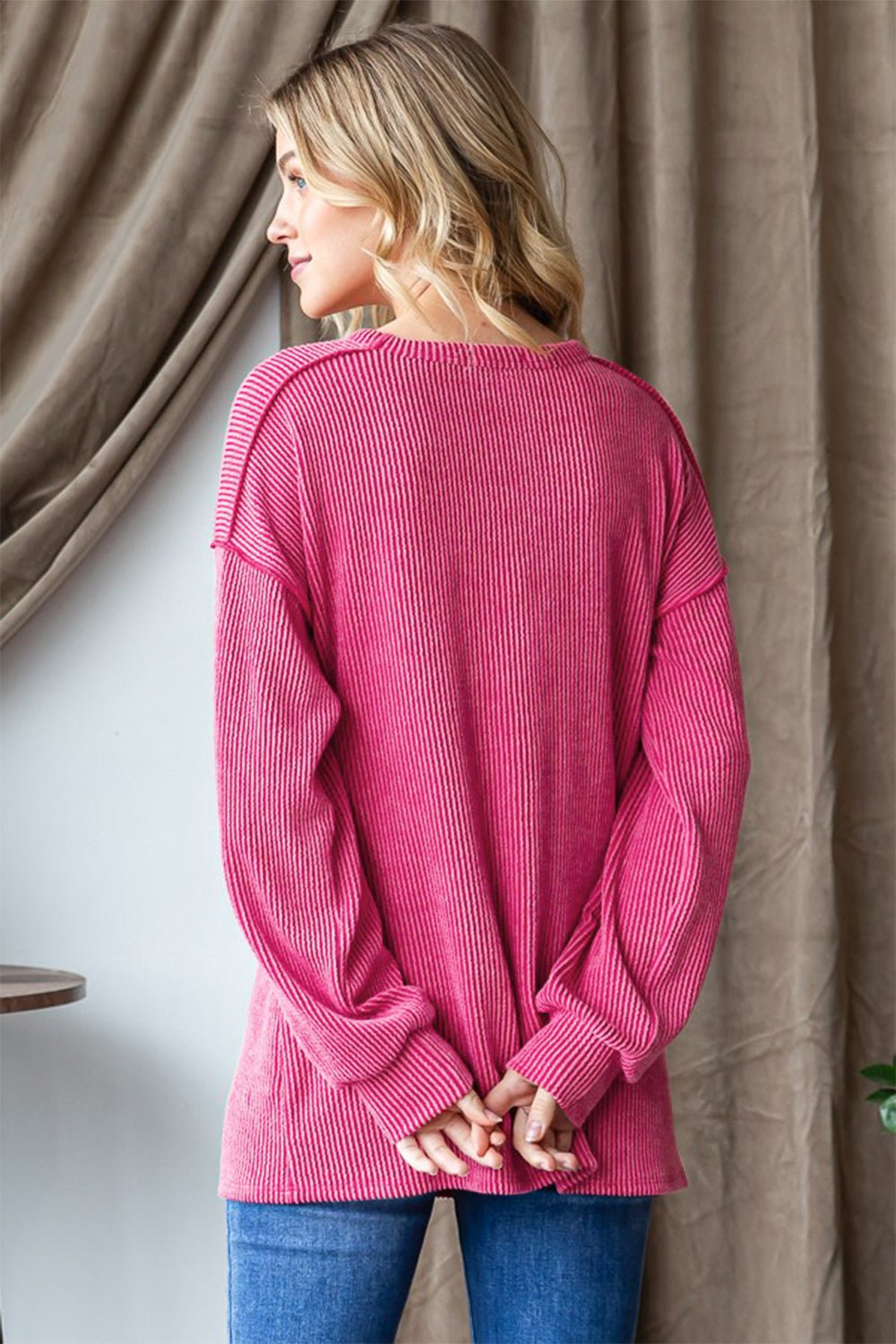 Heimish - BE MERRY Rib Knit Exposed Seams Long Sleeve T-Shirt in Hot Pink