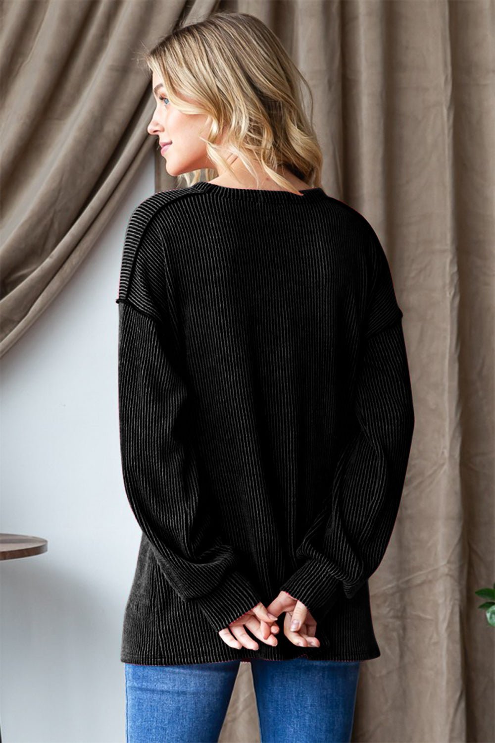 Heimish - Black BE MERRY Rib Knit Exposed Seams Long Sleeve T-Shirt